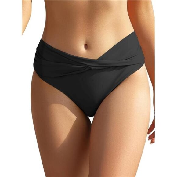 Women's Nylon Bottom Twist Front Cheeky Swim & Bathing Suit Bikini-Black-XS - Picture 1 of 7